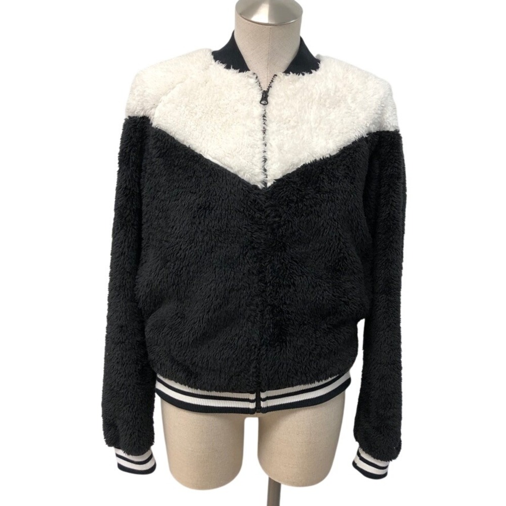 Nike Bomber Jacket Womens Small Black White Chevron Sherpa Fleece Full Zip